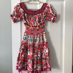 Nouveau Riche Red Floral Smocked Midi Dress with Blue and Yellow Accents